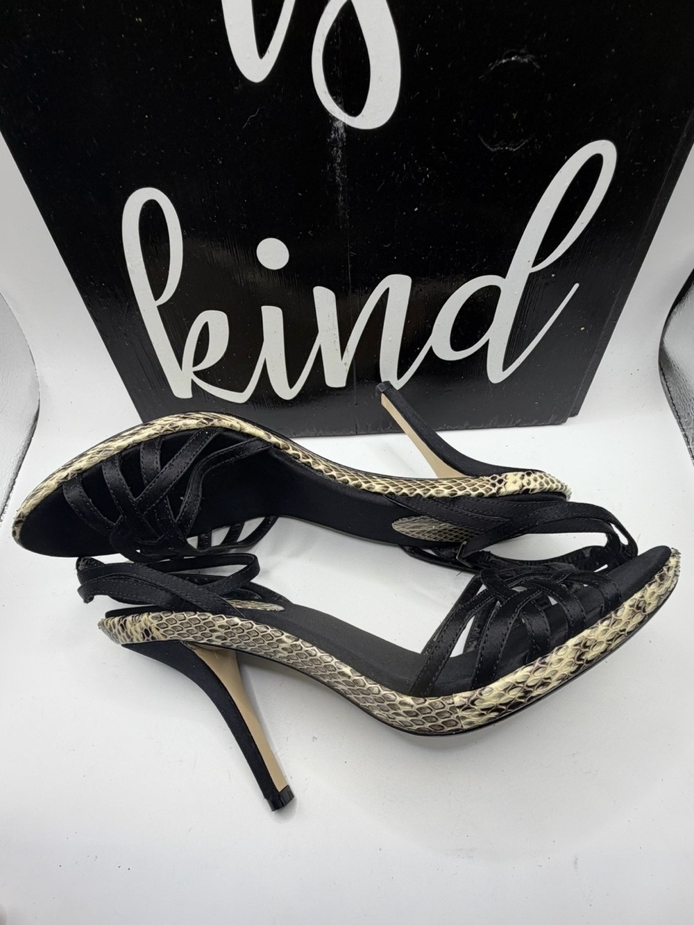 Nine West Black Satin and Snake-Print Slingback Heels with